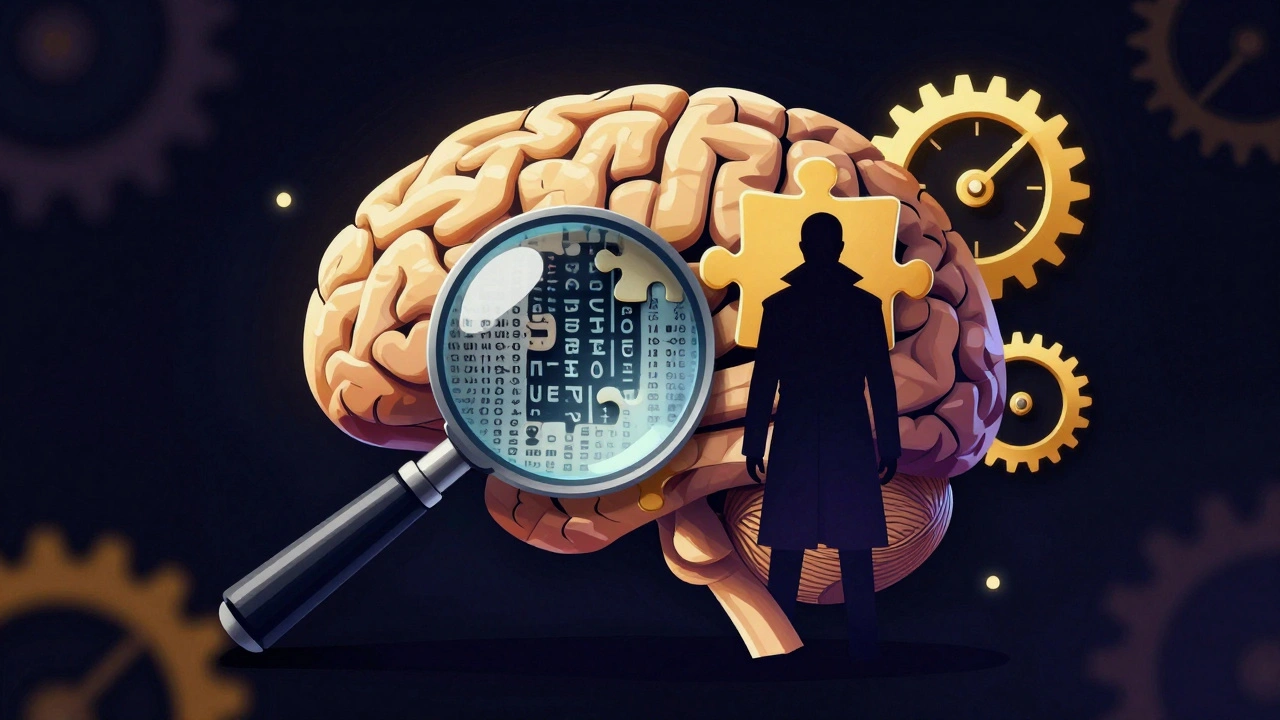 Концептуальный образ детективного мышления с пазлами и лупой