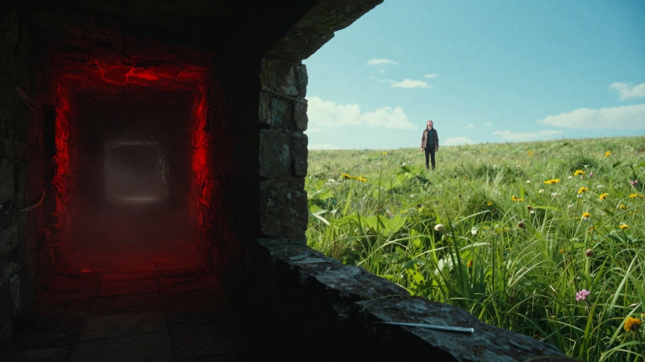 Контраст между мрачным подземельем и солнечным лугом, иллюстрирующий эмоциональный триггер.