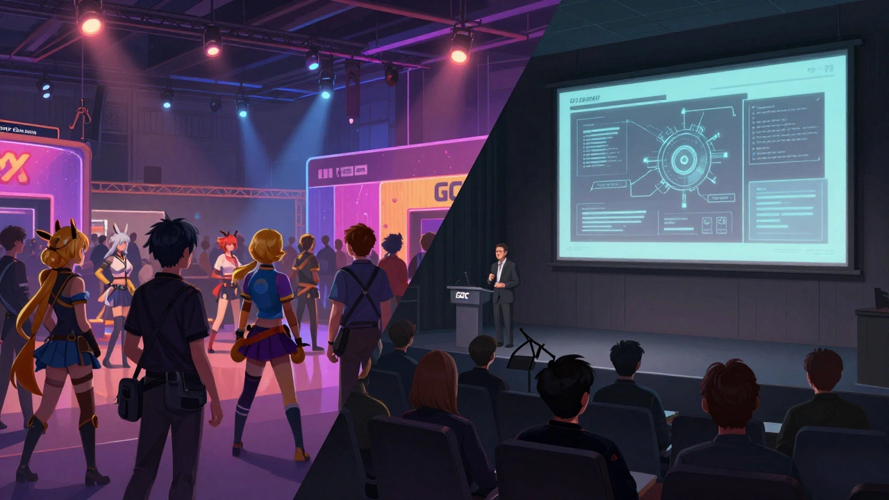 Контраст между шумным фанатским фестивалем и профессиональной технической конференцией