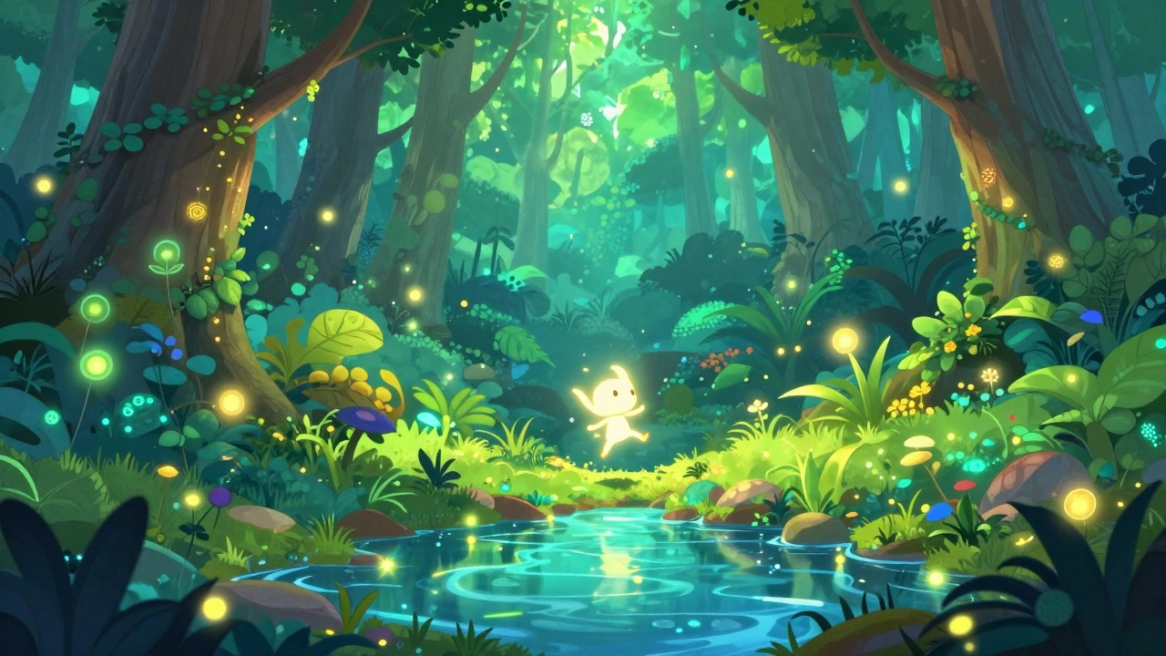 Красочный сказочный лес в стиле инди-платформеров с светящимися растениями