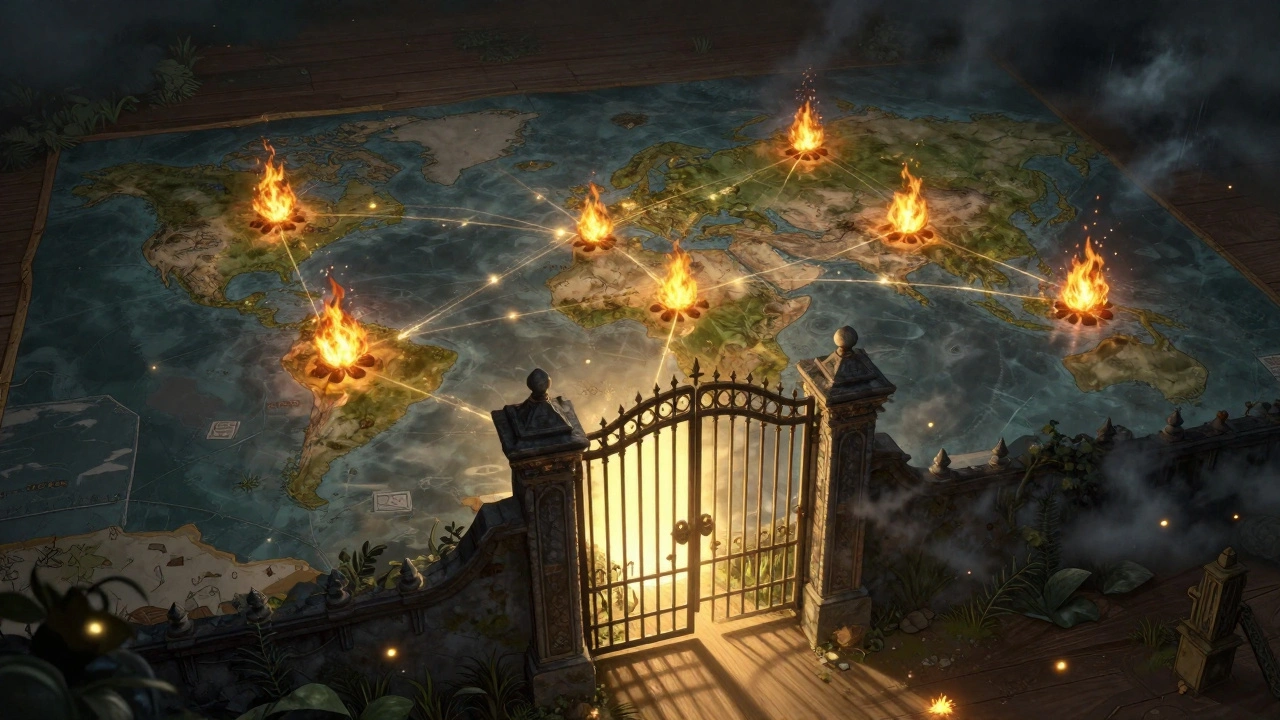 Метафорическая карта мира с золотыми кострами и массивными железными воротами