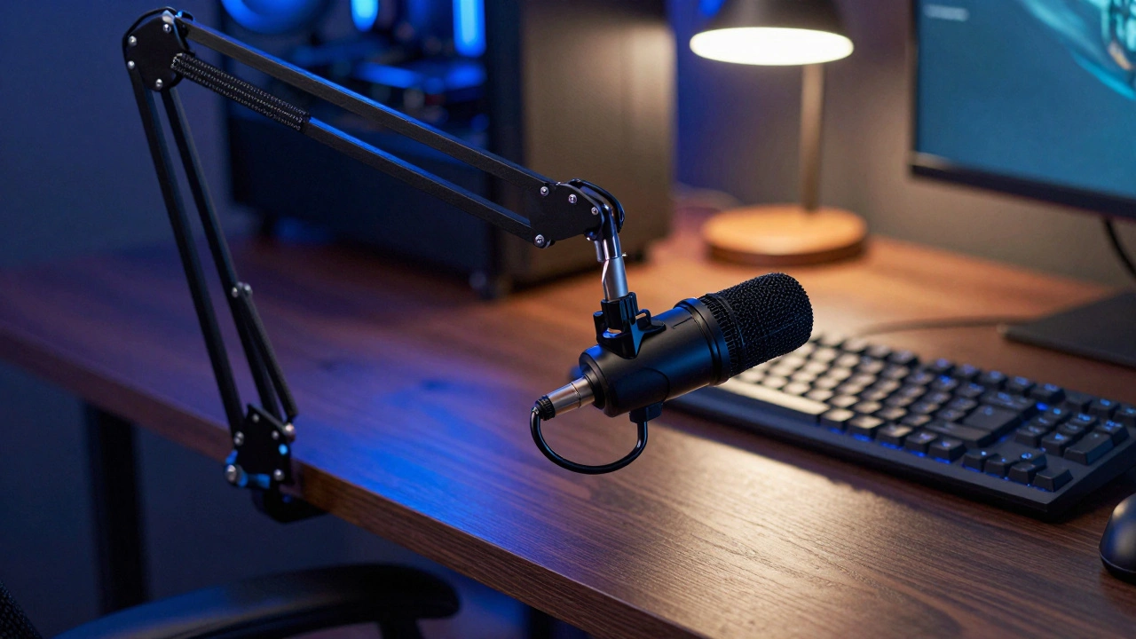Микрофон на пантографе над геймерским столом с неоновой подсветкой
