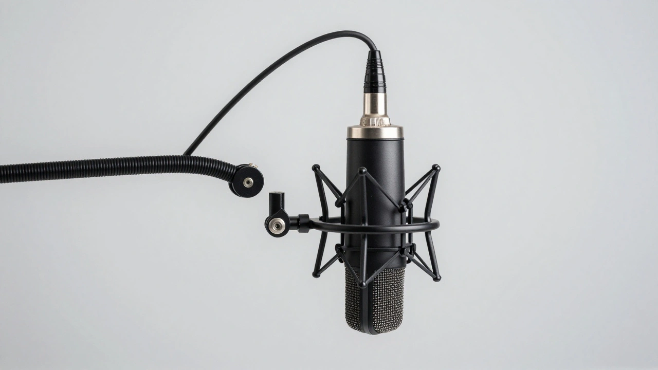 Микрофон в подвесе-пауке для изоляции от вибраций на сером фоне