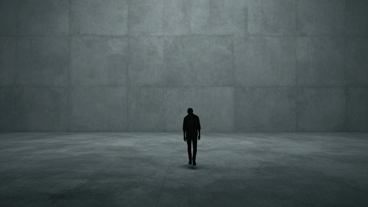 Одинокая фигура в огромном сером индустриальном пространстве