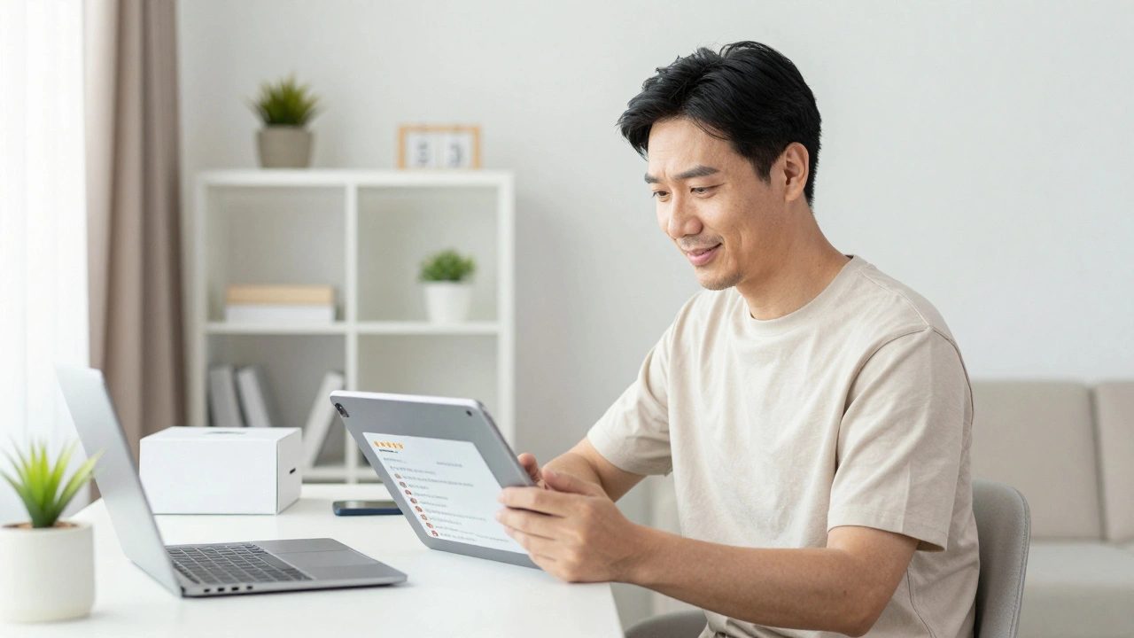 Осознанный покупатель изучает положительные отзывы о товаре на планшете