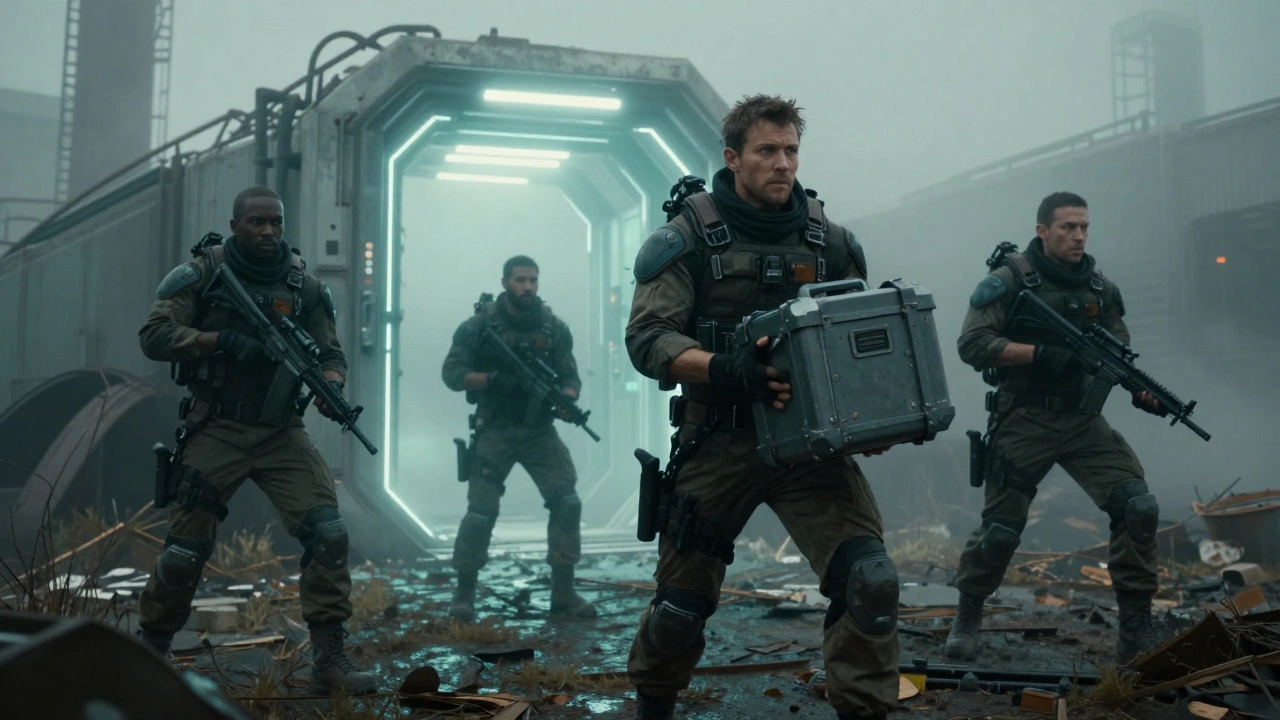 Отряд наемников в индустриальной зоне охраняет добычу перед эвакуацией