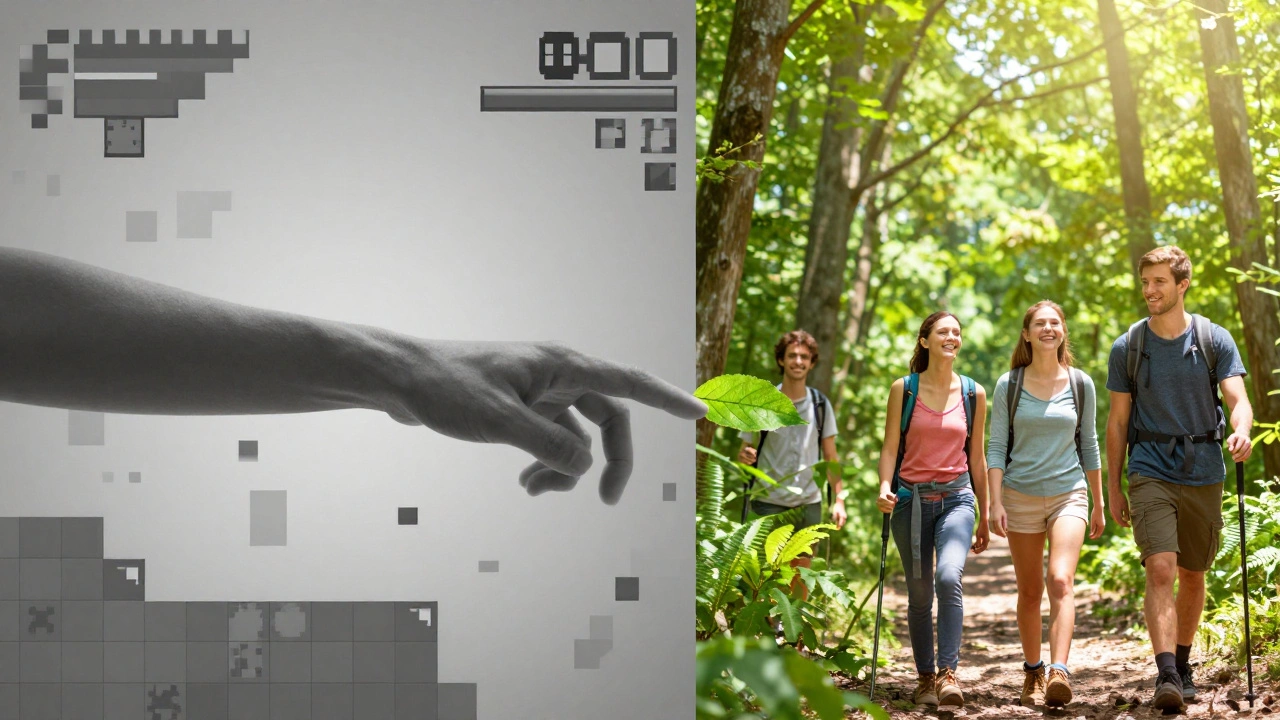 Переход от серого пиксельного мира игры к яркому и живому лесу с друзьями