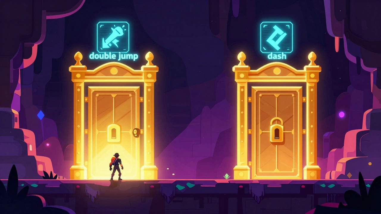 Персонаж перед закрытыми вратами в стиле метроидвании с иконками способностей