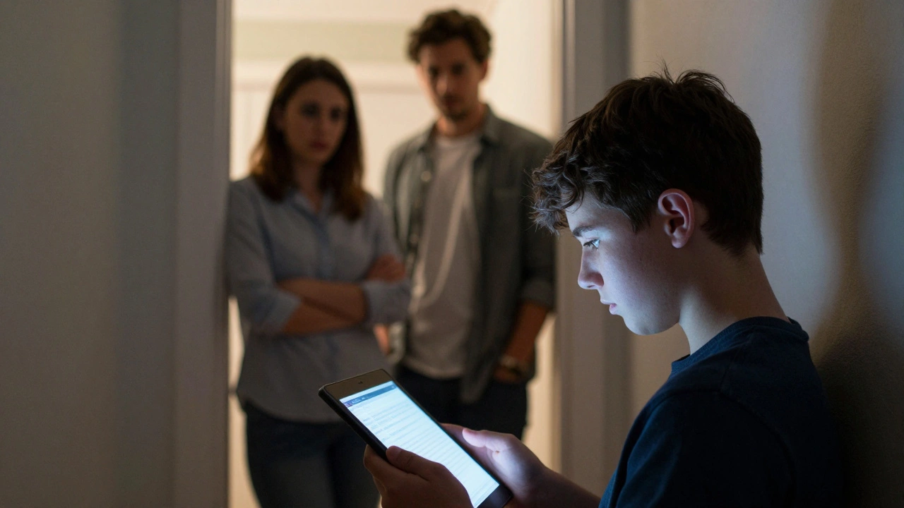 Подросток с планшетом на переднем плане и обеспокоенные родители в расфокусе