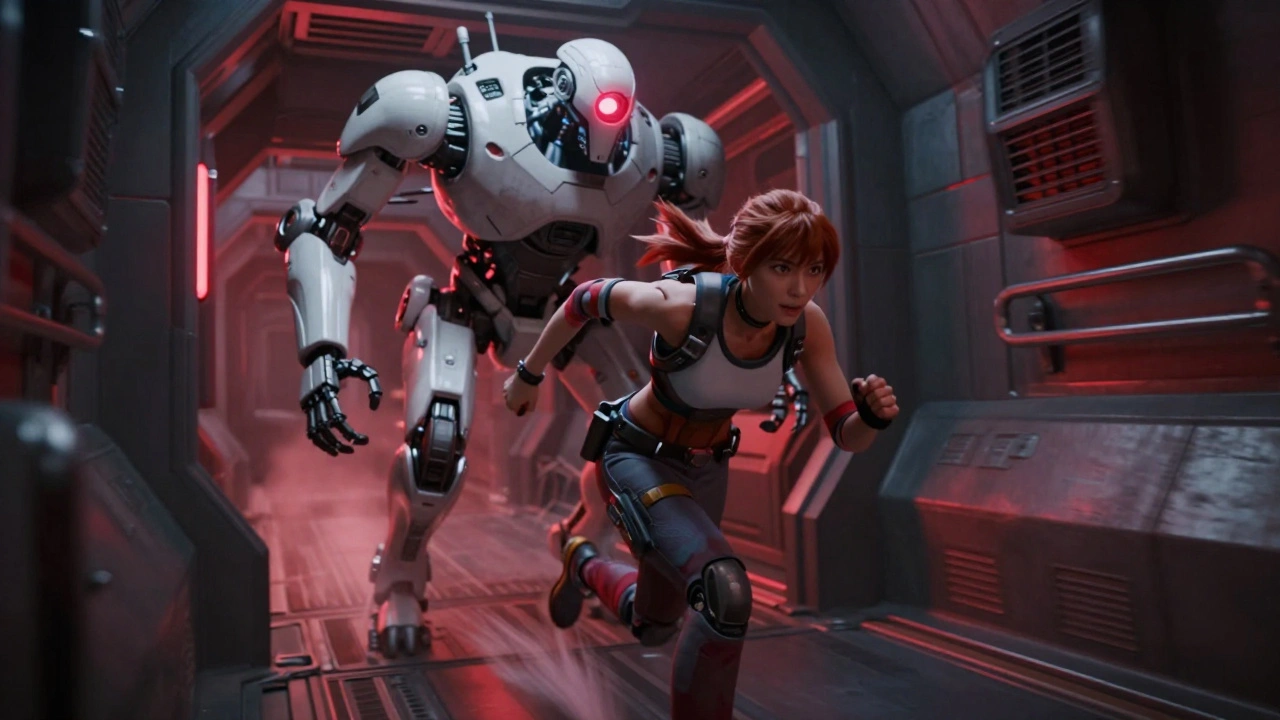 Погоня робота ЭММИ за Самус в узком металлическом коридоре