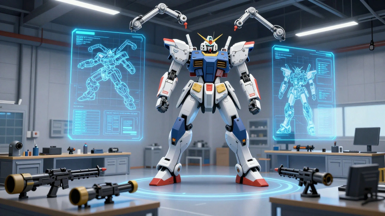 Процесс сборки и кастомизации боевого робота в высокотехнологичном гараже с голограммами