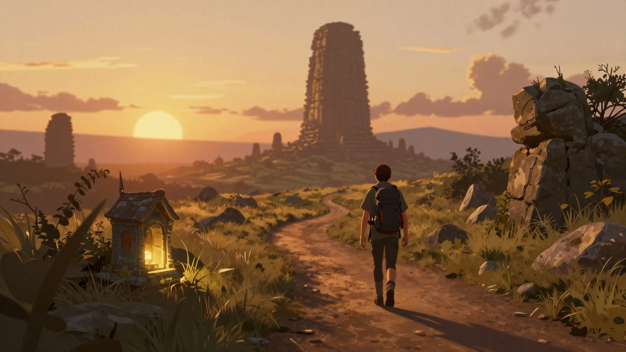 Путешественник идет по дороге к древней башне на горизонте в лучах заката