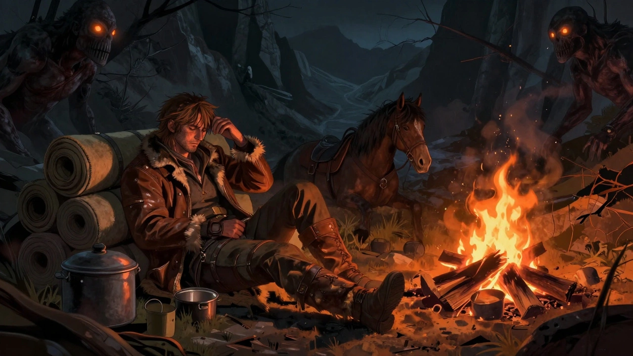 Путник с лошадью отдыхает у костра в опасных горах в темное время суток