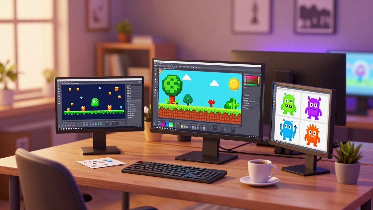 Рабочее место инди-разработчика с мониторами, на которых виден пиксель-арт