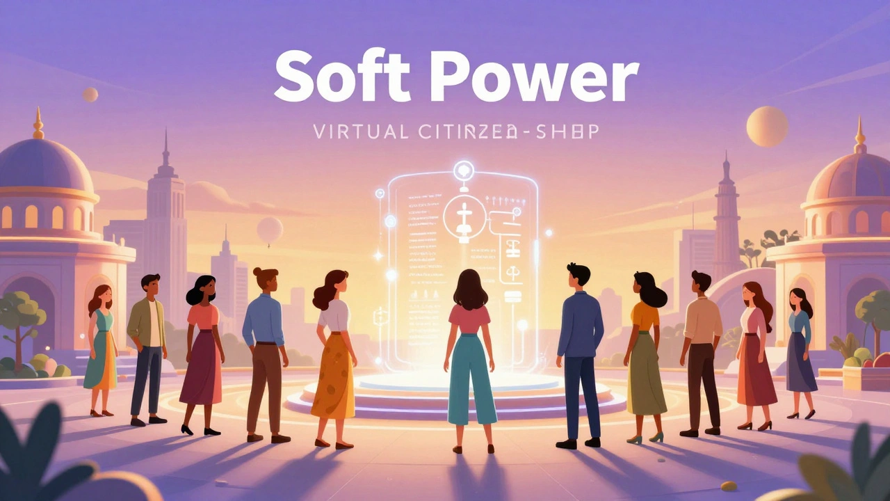 Разнообразные цифровые аватары на площади виртуального государства под светящимся кодексом