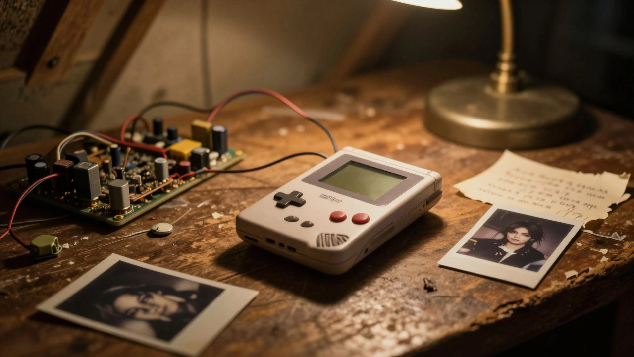 Разобранная старая консоль на столе с фотографиями и записками