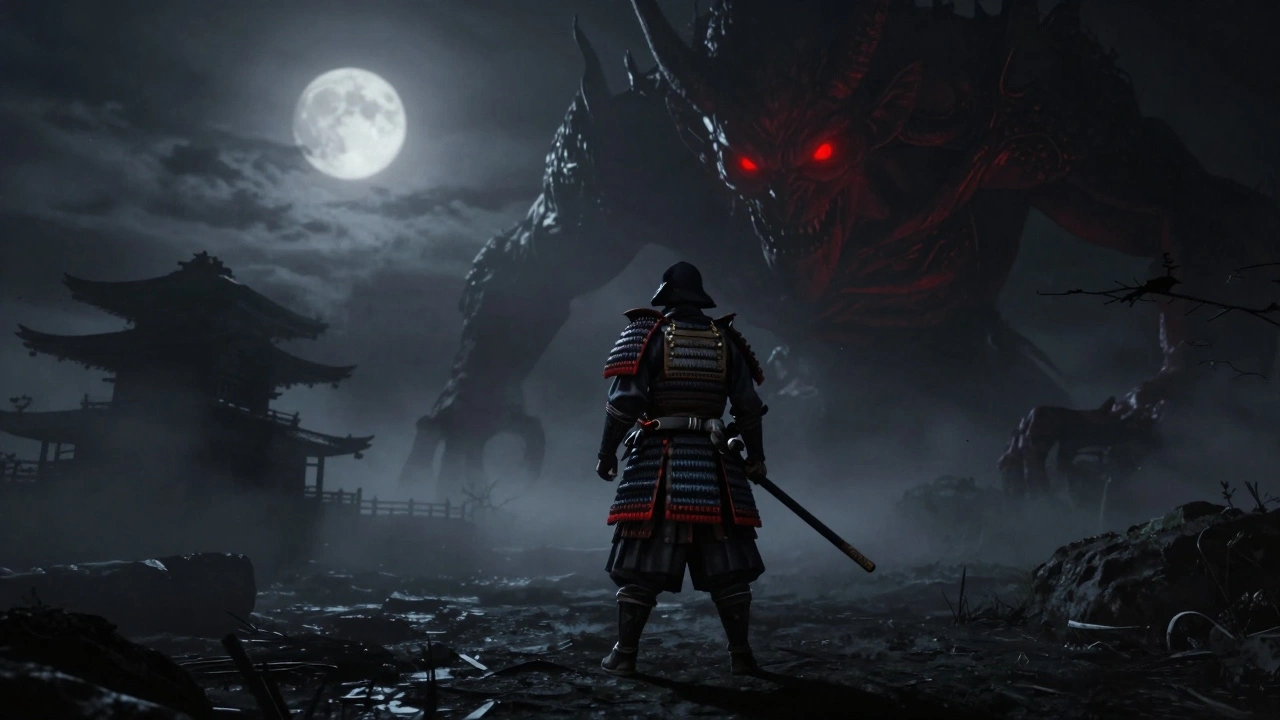 Самурай противостоит демону в туманном японском пейзаже