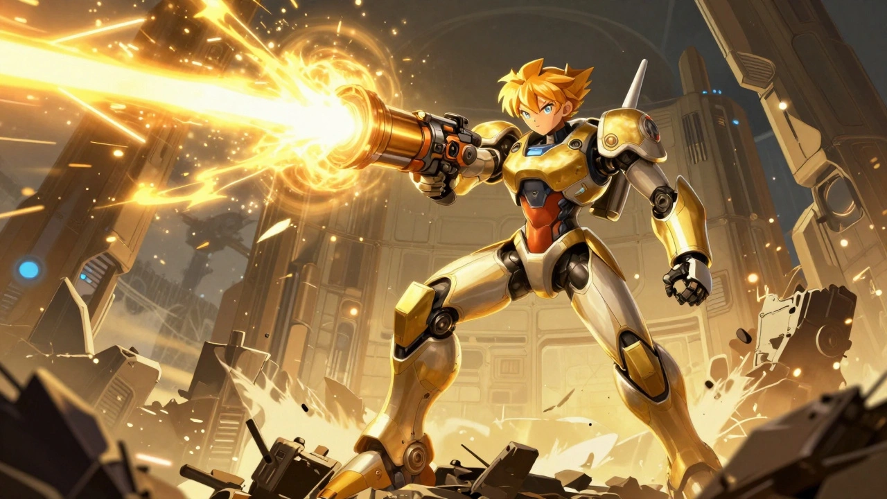 Самус Аран побеждает робота ЭММИ, заряжая свое оружие энергией