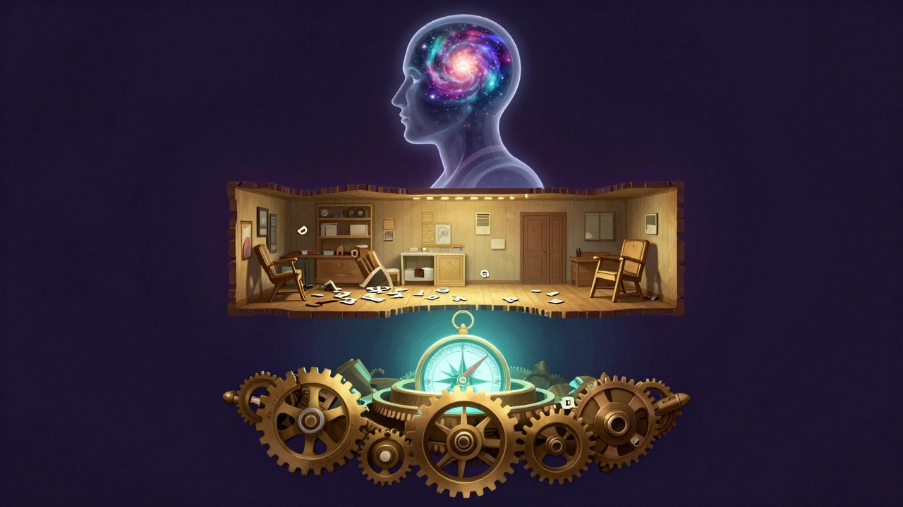 Схематичное изображение четырех слоев нарратива: механики, цели, окружения и ментальных моделей.