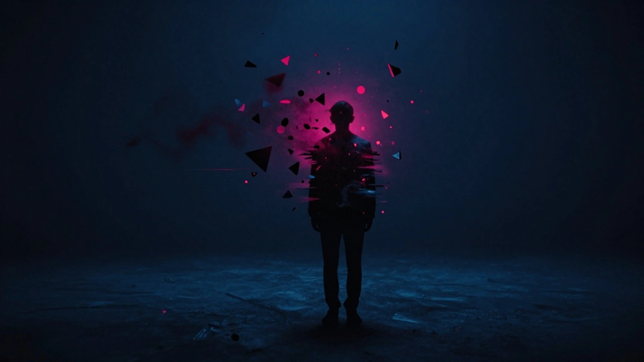 Силуэт человека, распадающийся на абстрактные фигуры в темном пространстве