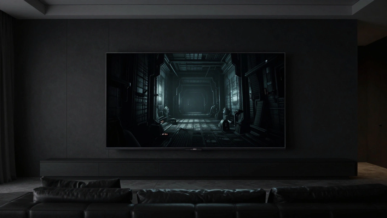 Современный OLED-телевизор в темной комнате с атмосферным кадром из хоррор-игры