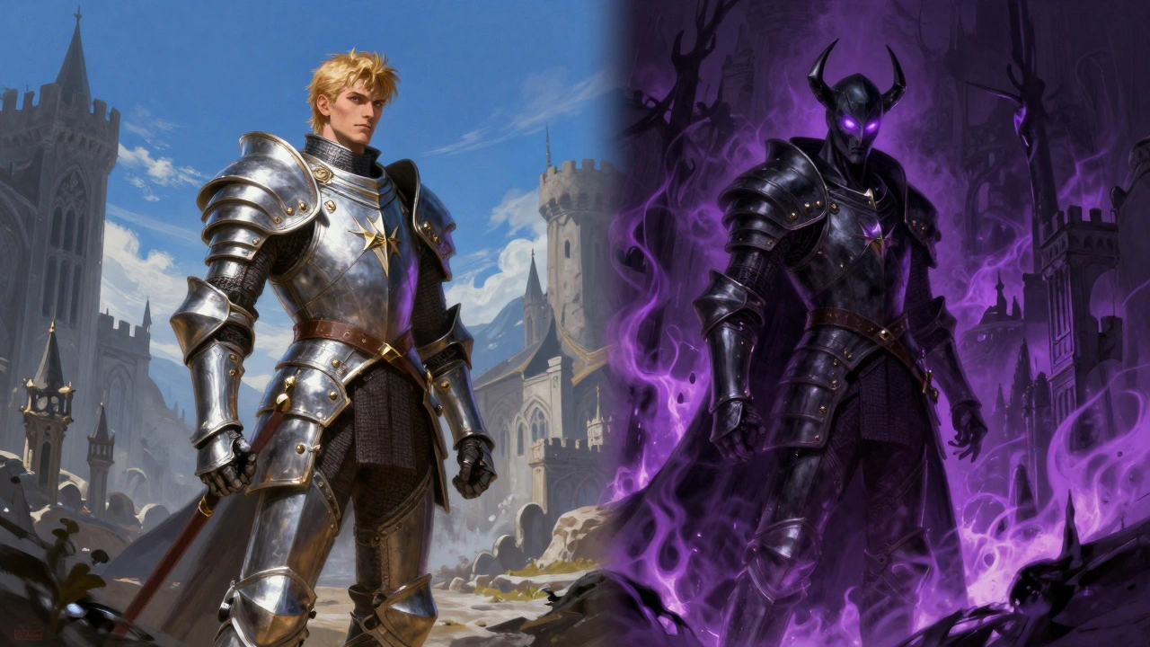 Сравнение двух путей: благородный герой и темный тиран на фоне города