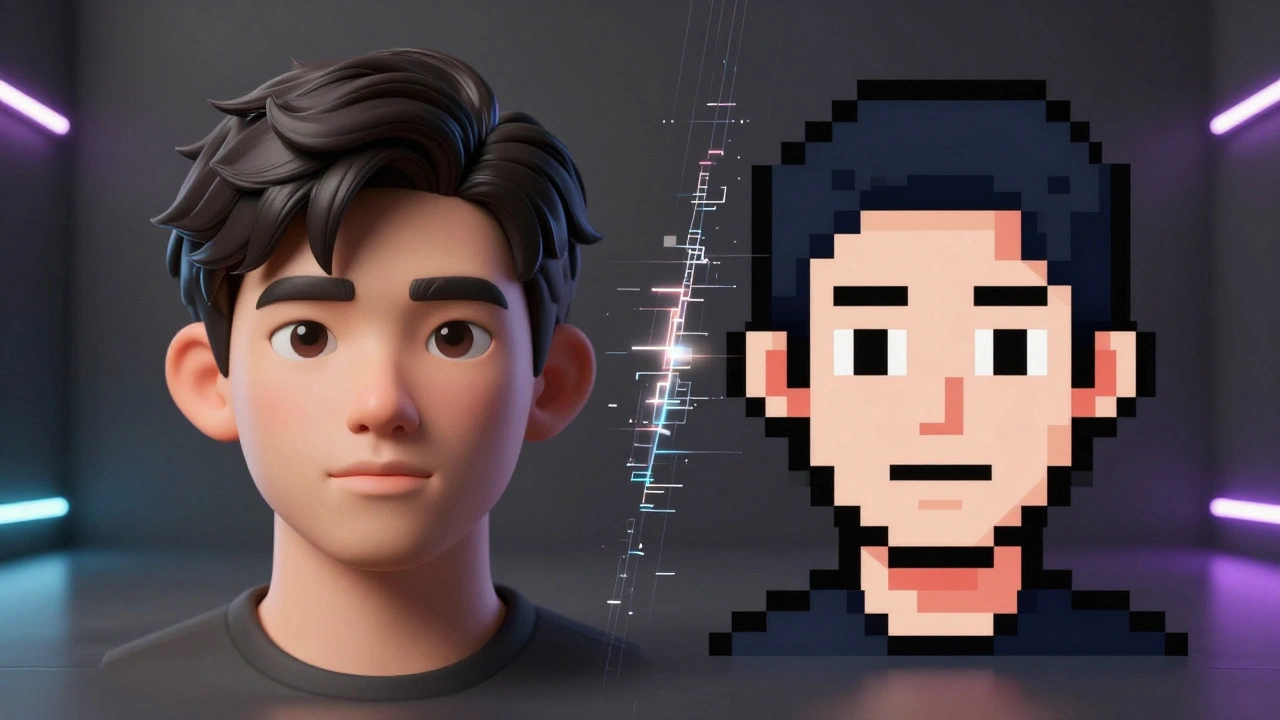 Сравнение современного 3D-персонажа и его версии в стиле пиксель-арт