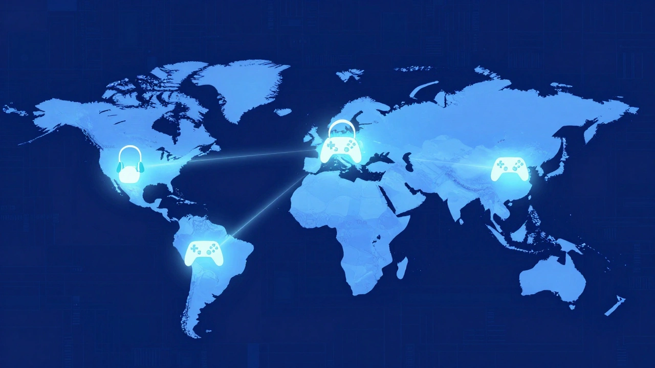 Стилизованная карта мира с подсвеченными центрами крупнейших игровых событий