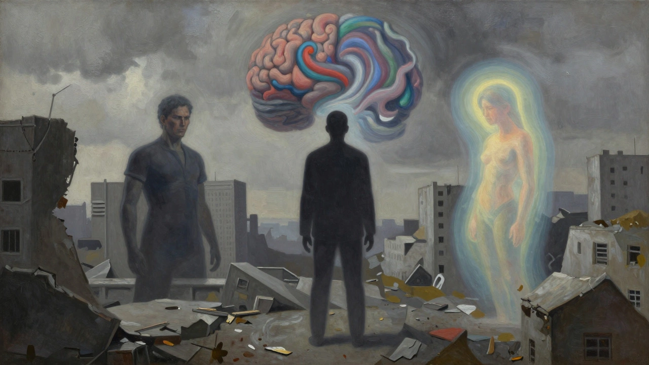 Сюрреалистическое изображение разума героя и его внутренних голосов над руинами города