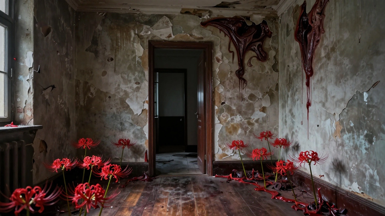 Сюрреалистичная комната с распадающимися стенами и ярко-красными лилиями, растущими из пола