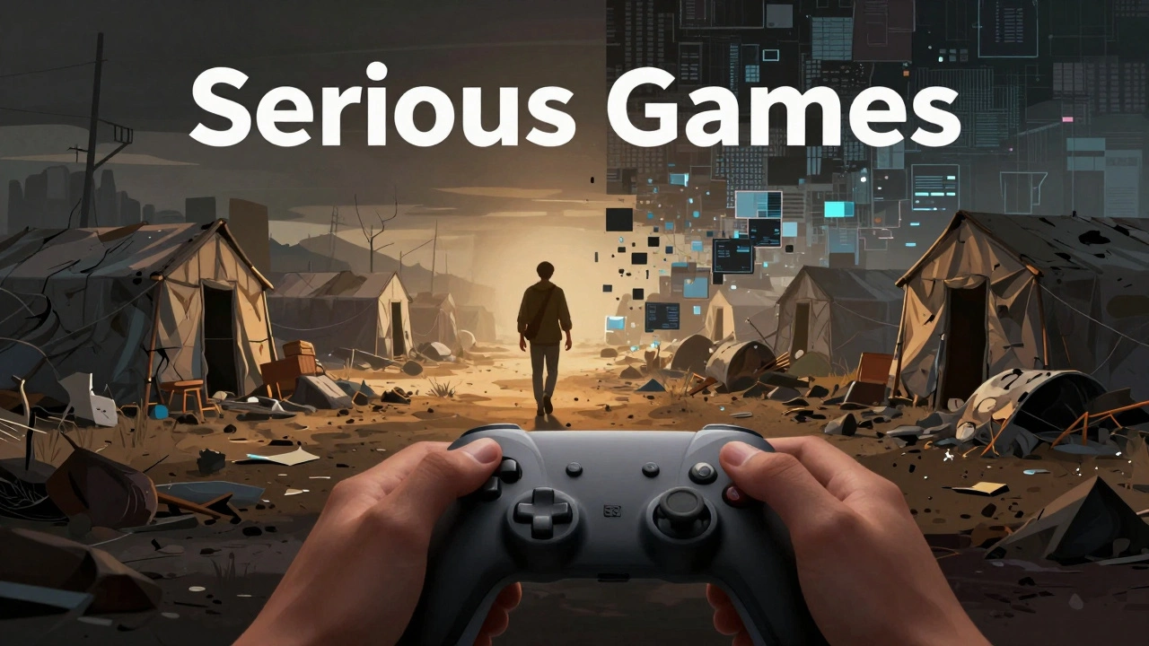 Сюрреалистичное изображение игрока, сопереживающего беженцам в цифровом мире