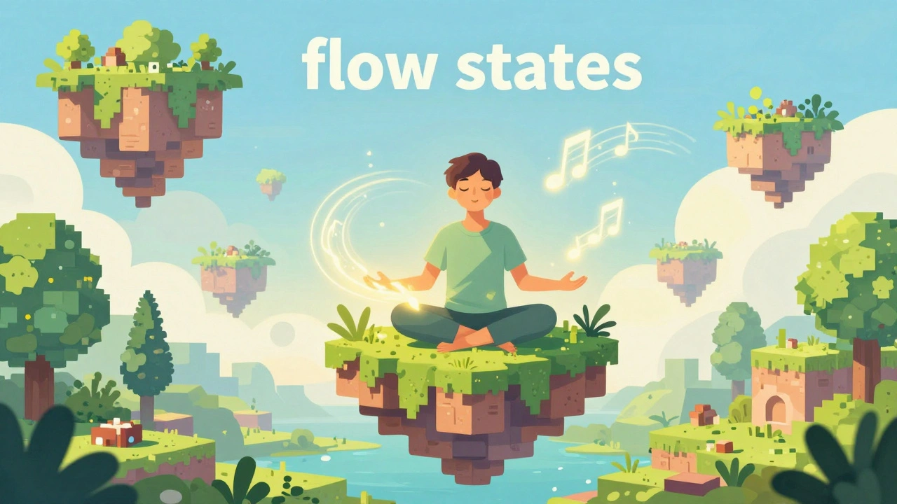 Сюрреалистичный образ человека в состоянии потока в ярком творческом игровом мире