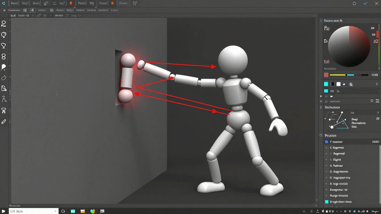 Техническое изображение Ragdoll-физики с упрощенными коллайдерами и векторами разрешения столкновений.