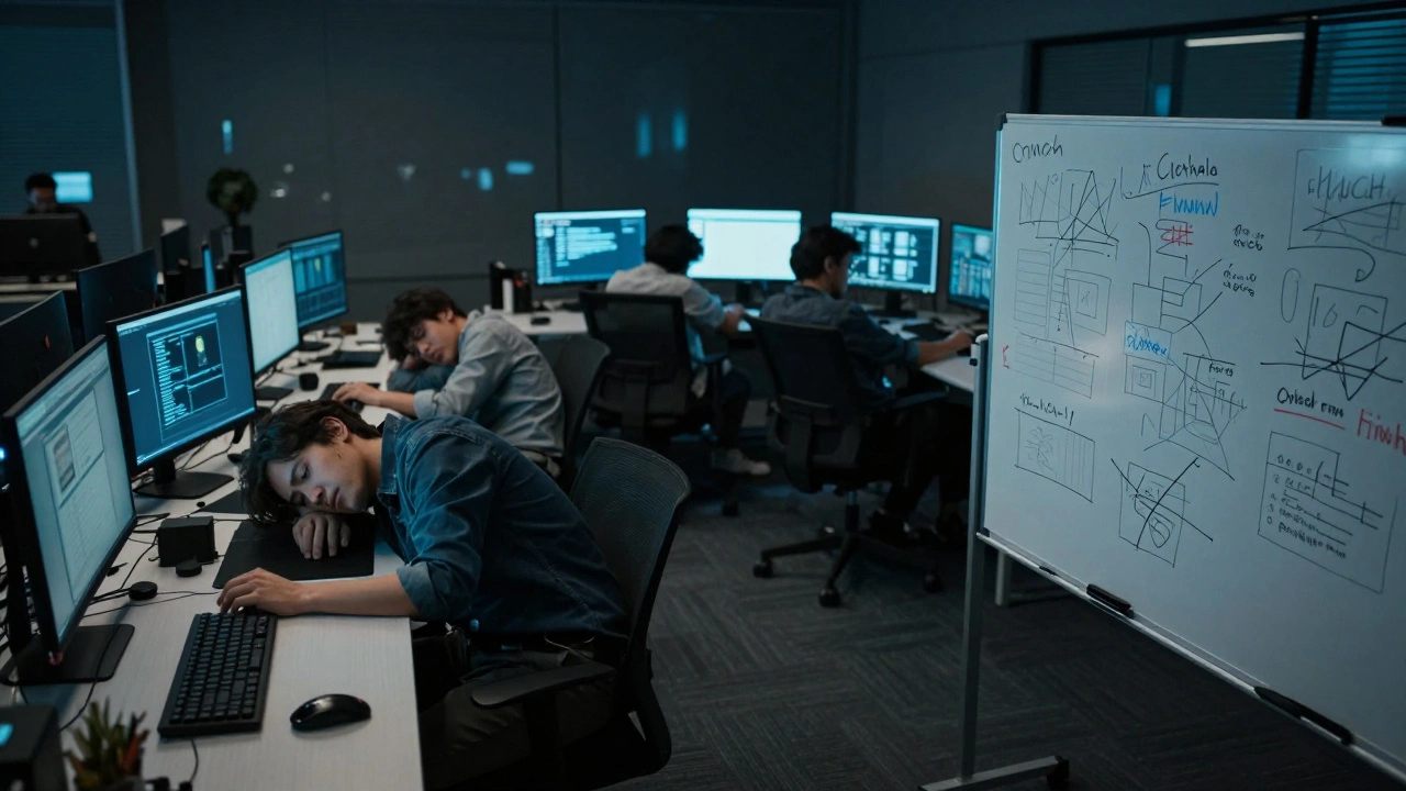 Уставшие программисты в темном офисе на фоне доски с хаотичными правками