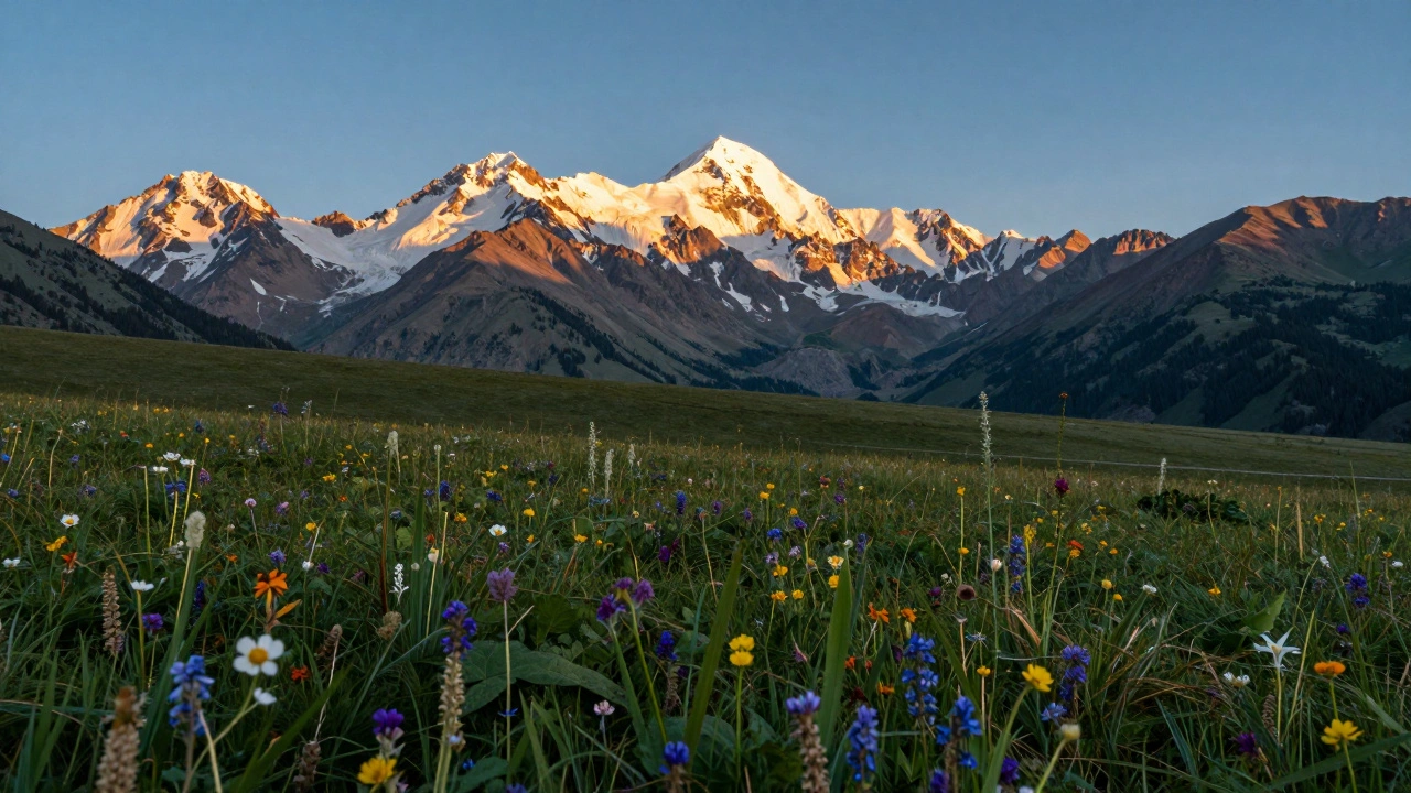 Величественная гора Белуха и луг с дикими травами на Алтае