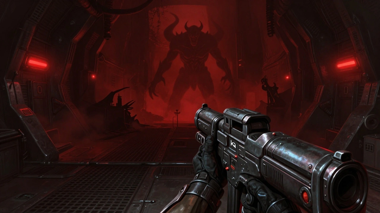 Вид от первого лица на мрачной марсианской базе с демоном в тени в стиле классического Doom.