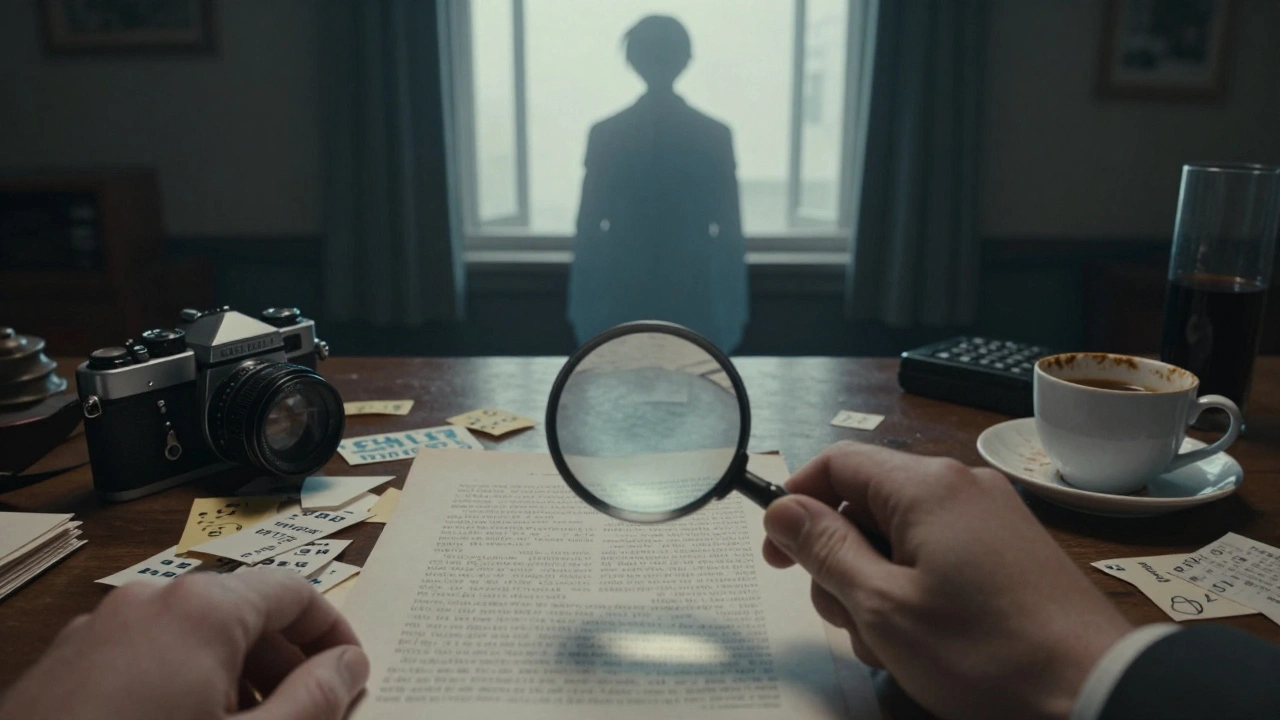 Вид от первого лица на улики в комнате детектива с призрачным силуэтом персонажа