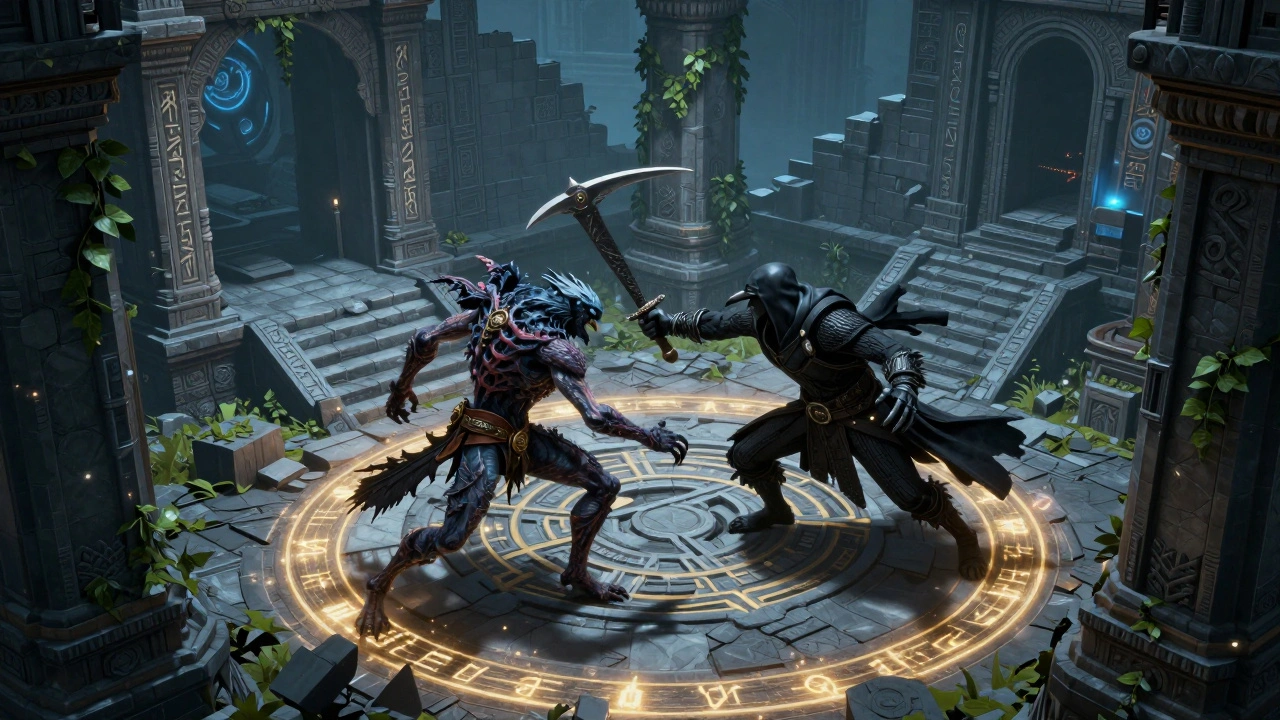 Ворон-жнец сражается с монстром в древнем храме в изометрическом виде