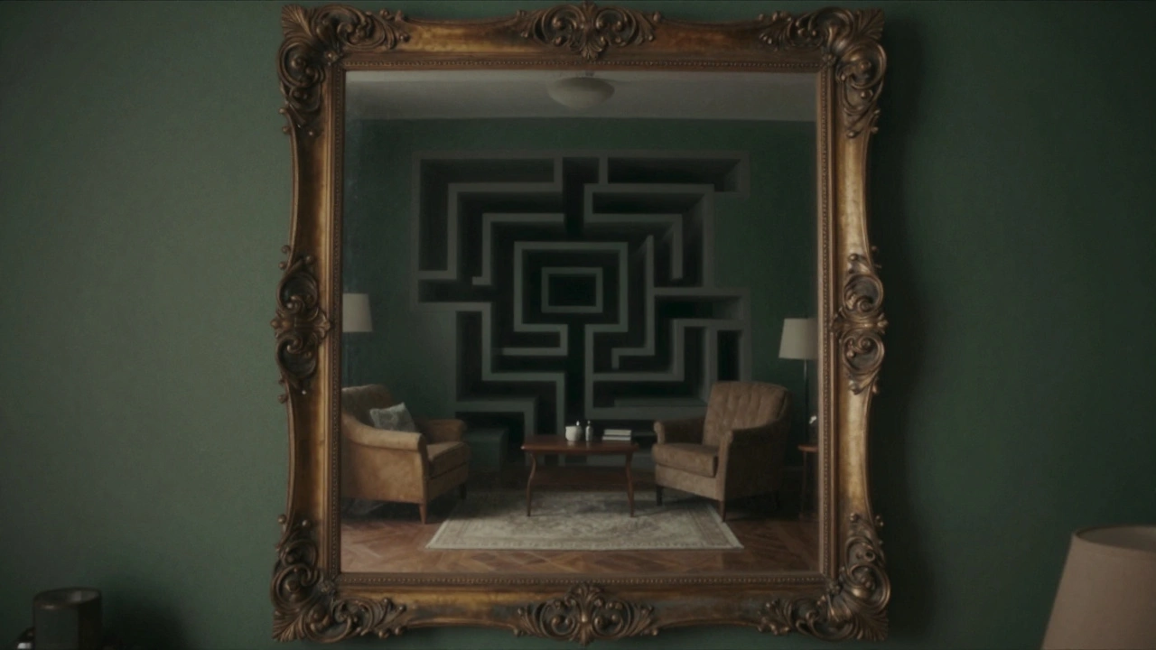Зеркало, отражающее искаженную и пугающую версию обычной комнаты