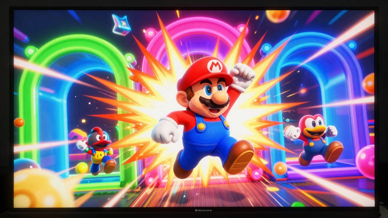 Яркие персонажи платформеров и гонок на цветном экране Switch