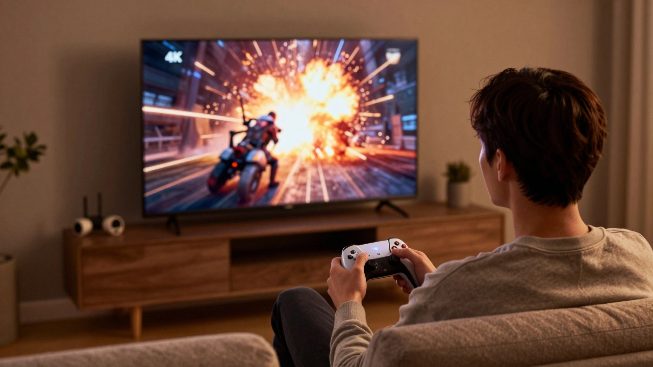 Игрок играет в консольную игру на большом телевизоре