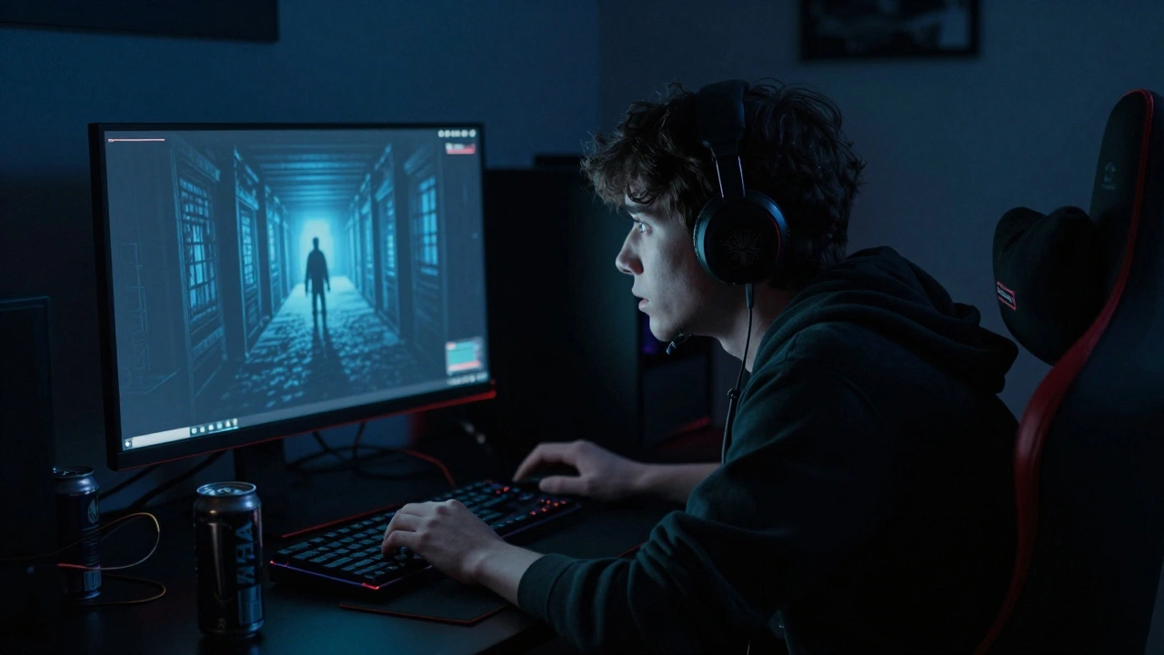 Игрок за компьютером играет в жуткую инди-игру ночью