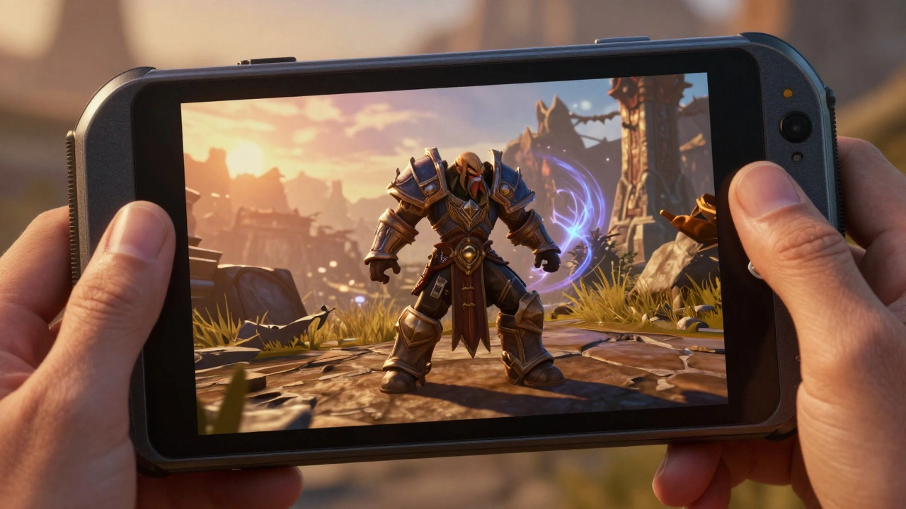 Персонаж WoW в бою на экране портативной игровой консоли