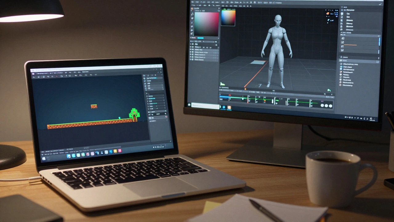 Рабочее место разработчика с интерфейсами Unity и Blender на экранах