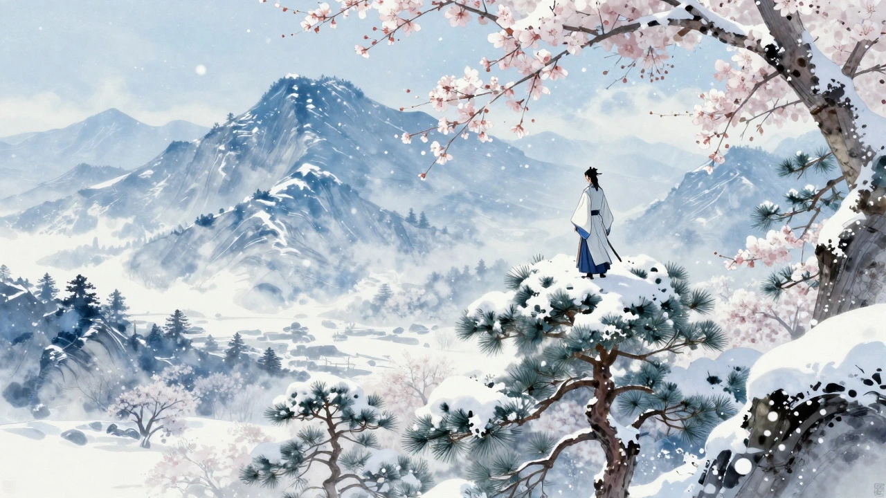 Самурай на фоне заснеженных гор в стиле Ghost of Yōtei