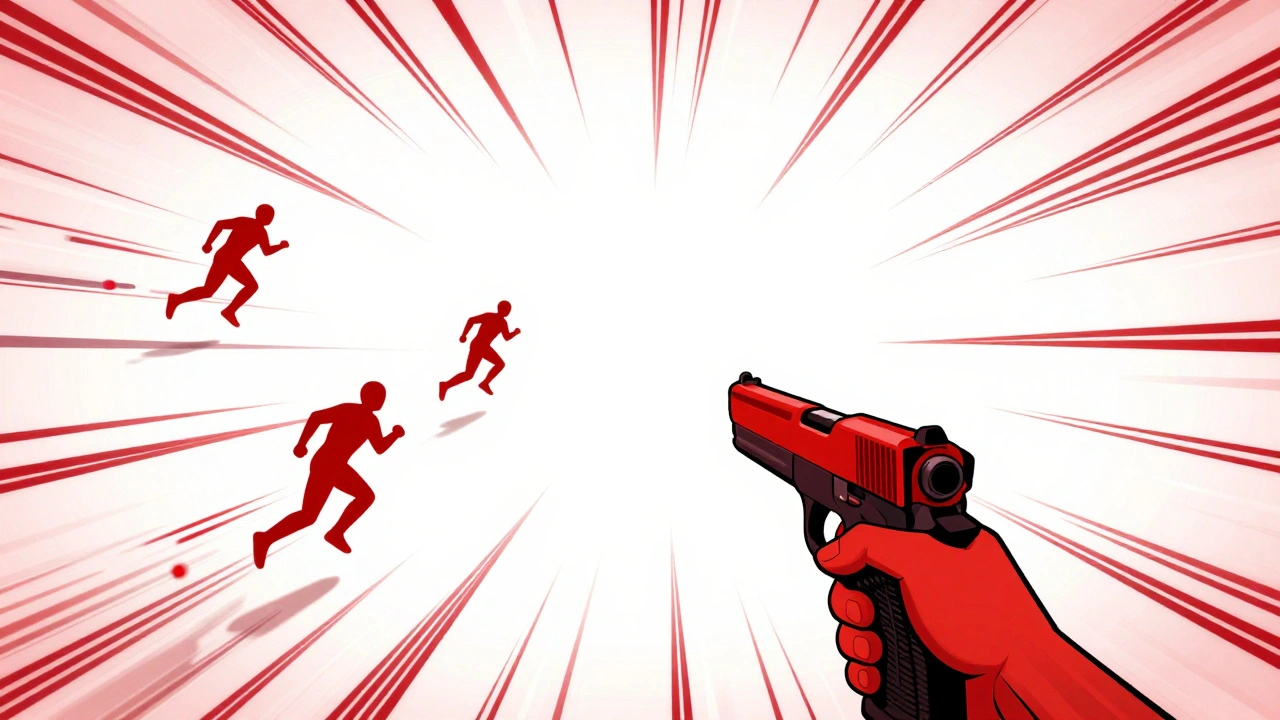 Сцена из игры Superhot: время остановлено, враги в воздухе