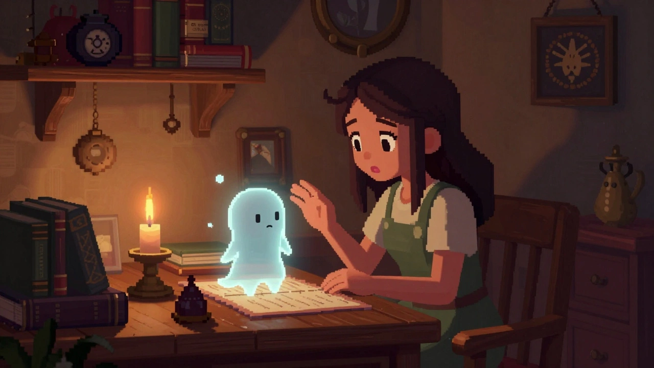 Уютная сцена из игры The Blackwell: медиум общается с дружелюбным призраком