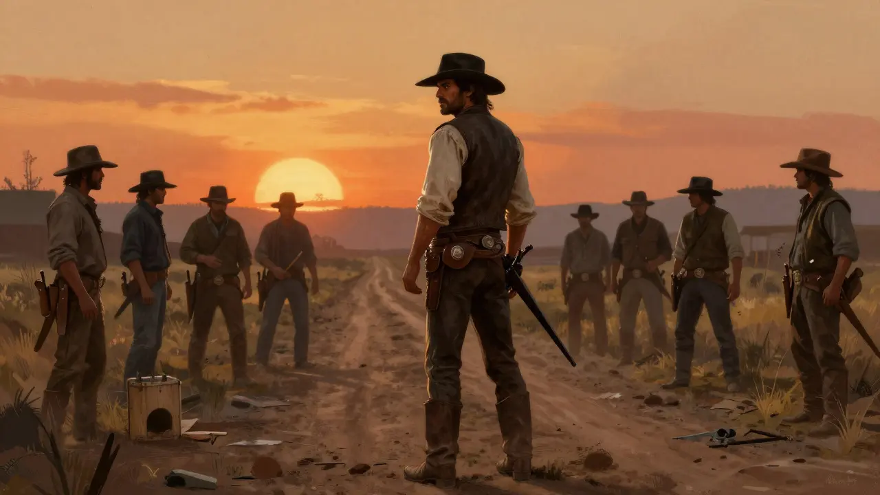 A cowboy observing a tense standoff between bandits and townspeople in a western setting