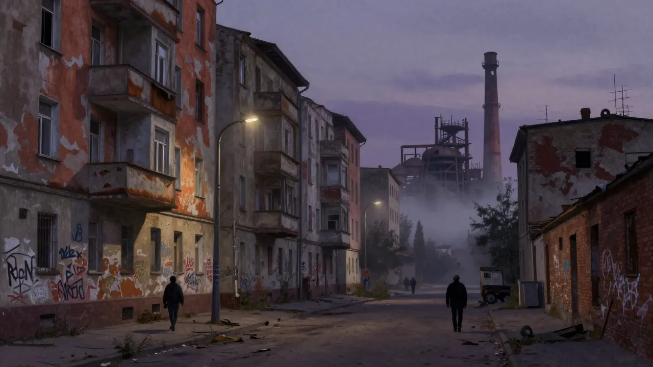 A gloomy, graffiti-covered street in a decaying industrial city at dusk