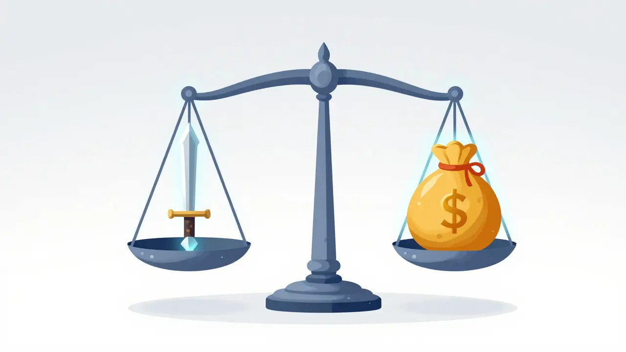 A magical balance scale equating a sword with a coin purse, symbolizing fair gameplay